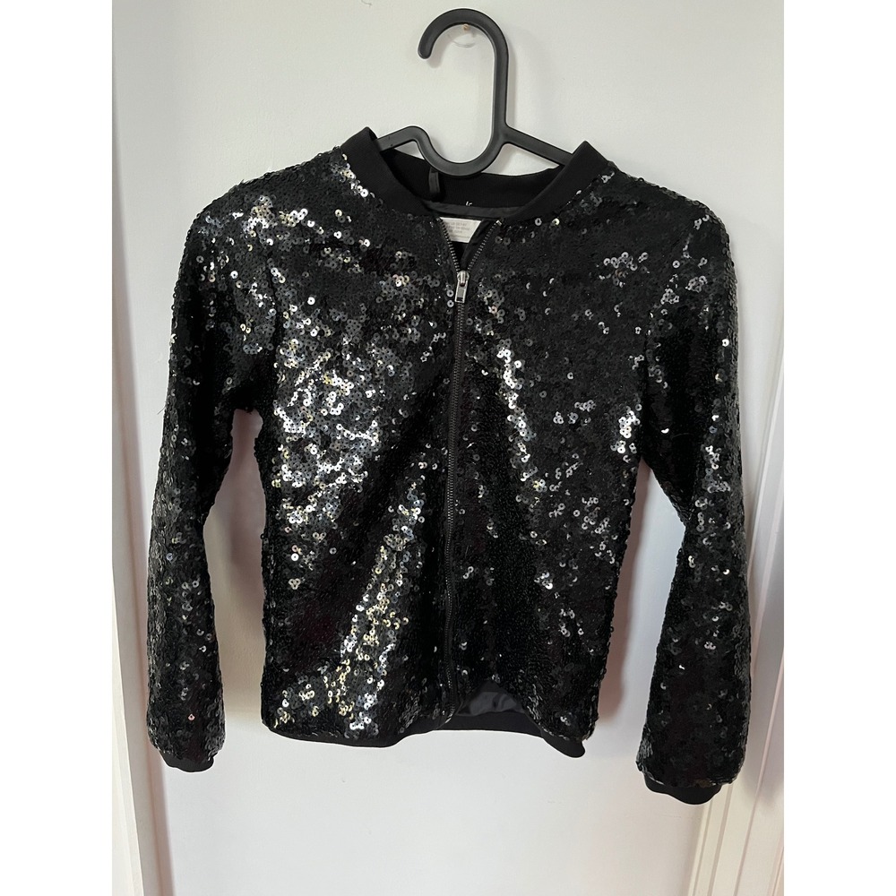 H&M Girls Black Sequin Bomber Jacket Full Zip Sparkly Size 7-8Y